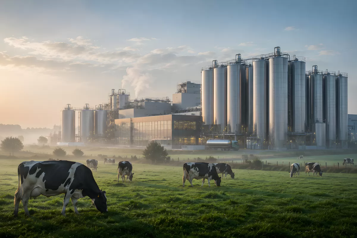 Milchkühe auf der Weide vor moderner Molkerei