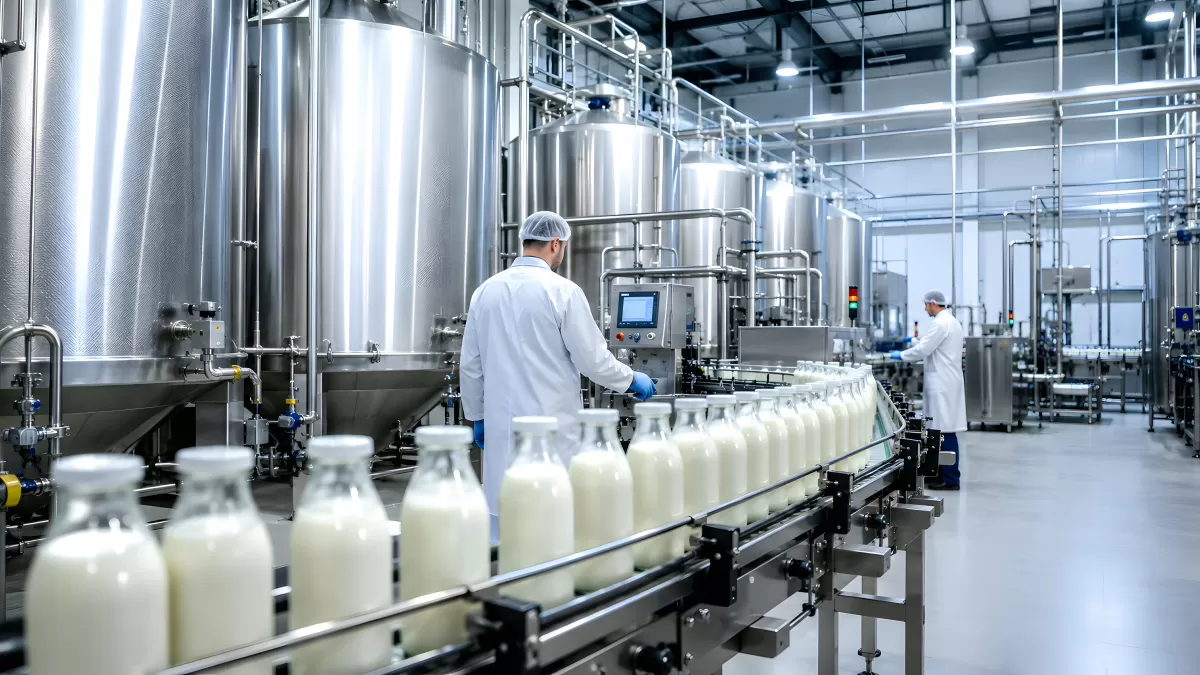 Milchproduktion in moderner Molkerei mit Fließband