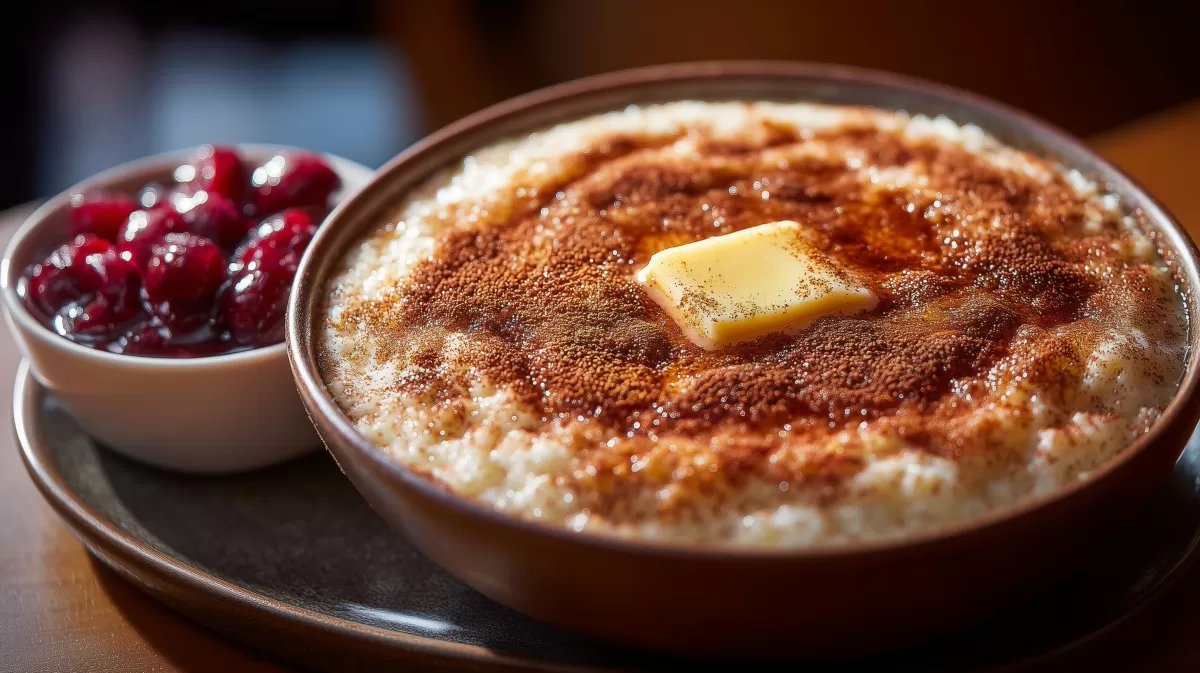 Milchreis mit Zimt und Zucker, Butter und Kirschen