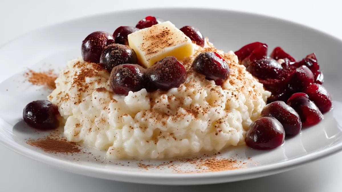 Milchreis mit Zimt und Zucker, Kirschen und Butter