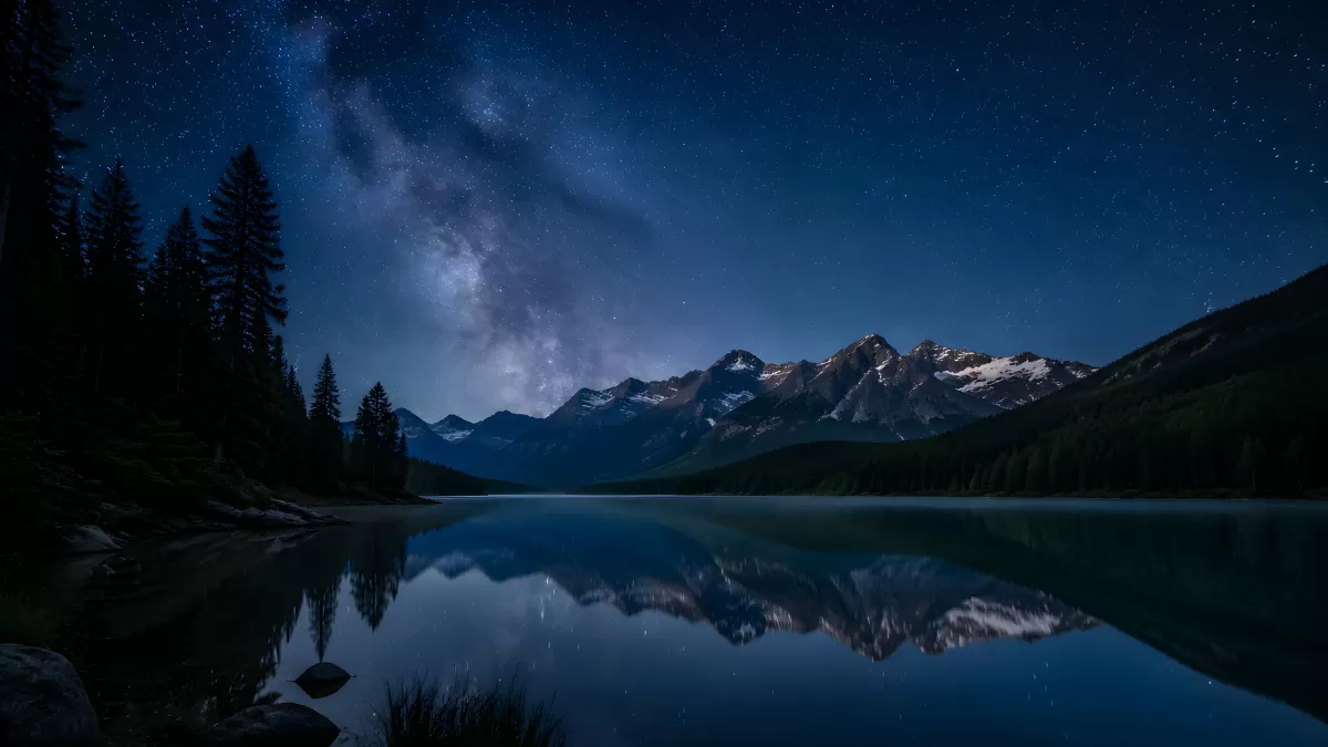 Milchstraße über Bergsee mit Spiegelung bei Nacht