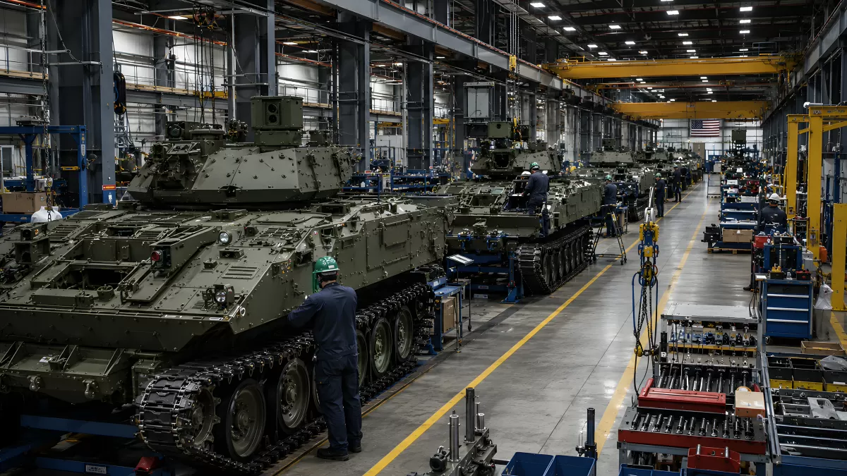 Militärfahrzeuge in moderner Rüstungsfabrik am Fließband