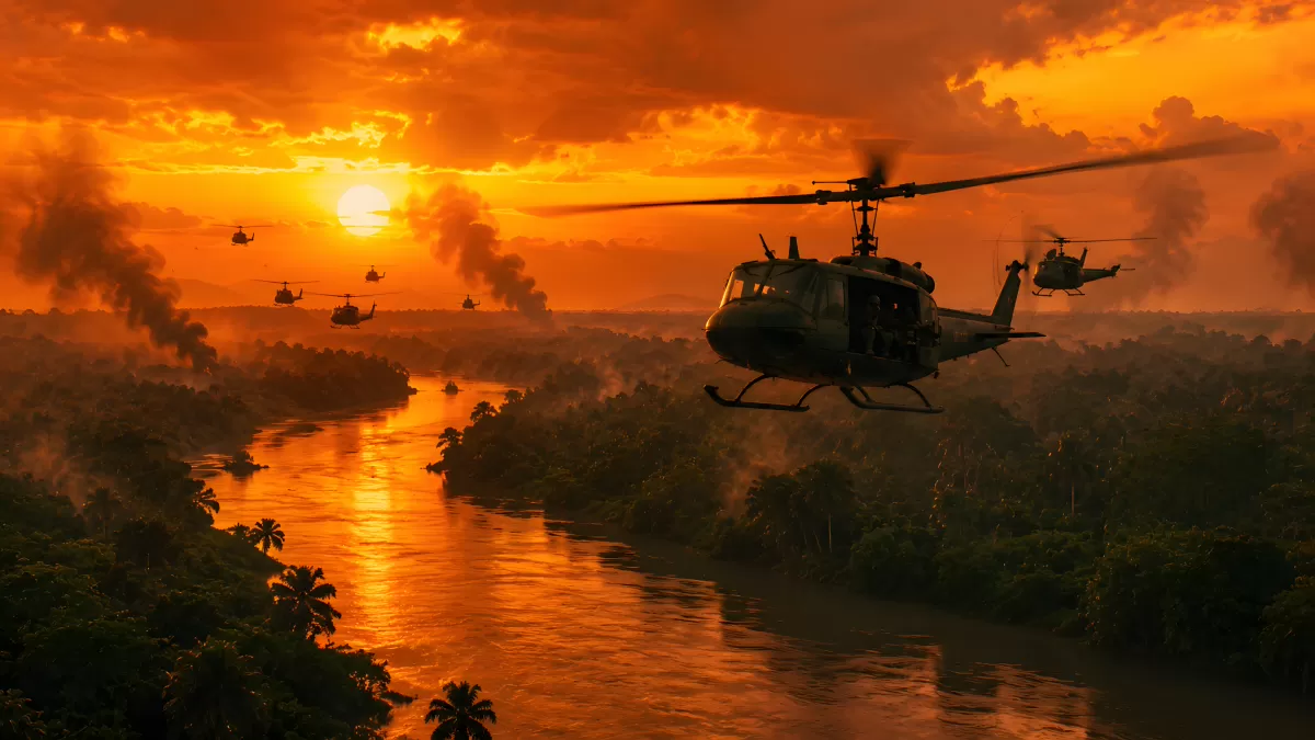 Militärhubschrauber fliegen bei Sonnenuntergang über Dschungel