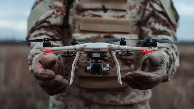 Militärische Drohne in Tarnkleidung des Soldaten