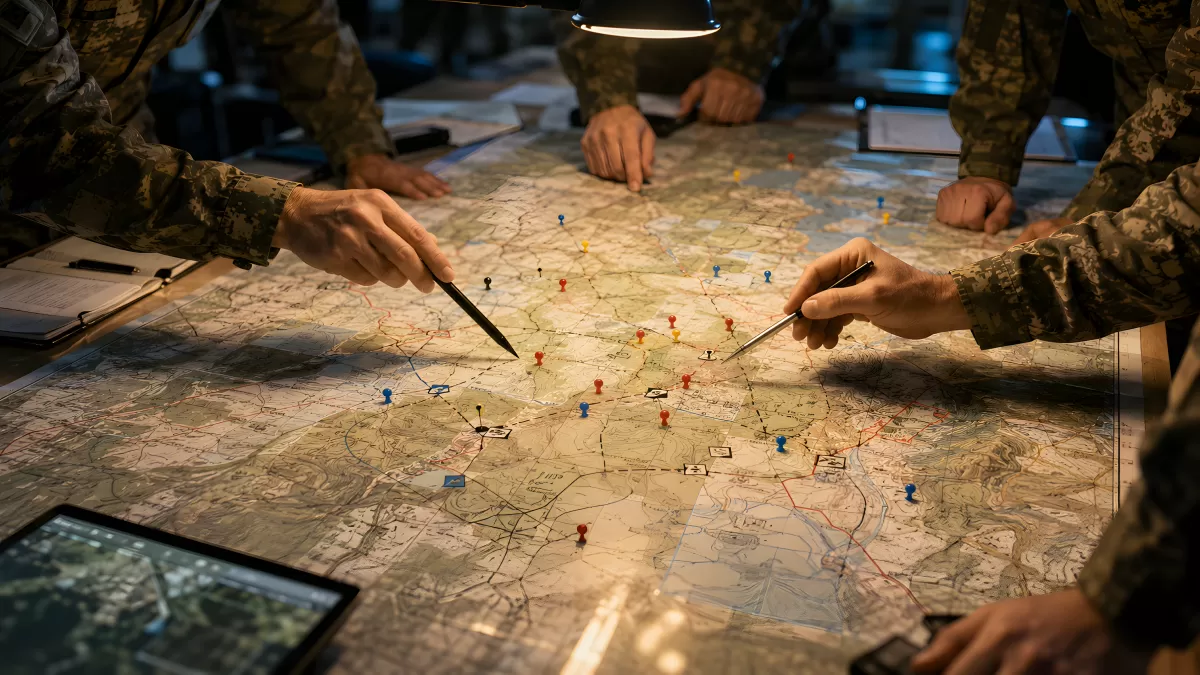 Militärische Lagebesprechung über taktische Geländekarte
