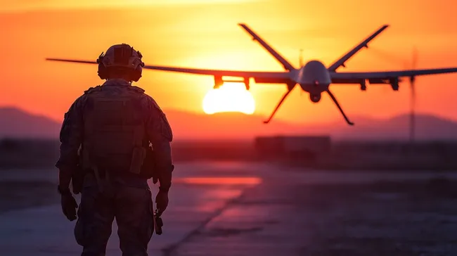 Militärischer Drohnenstart bei Sonnenuntergang