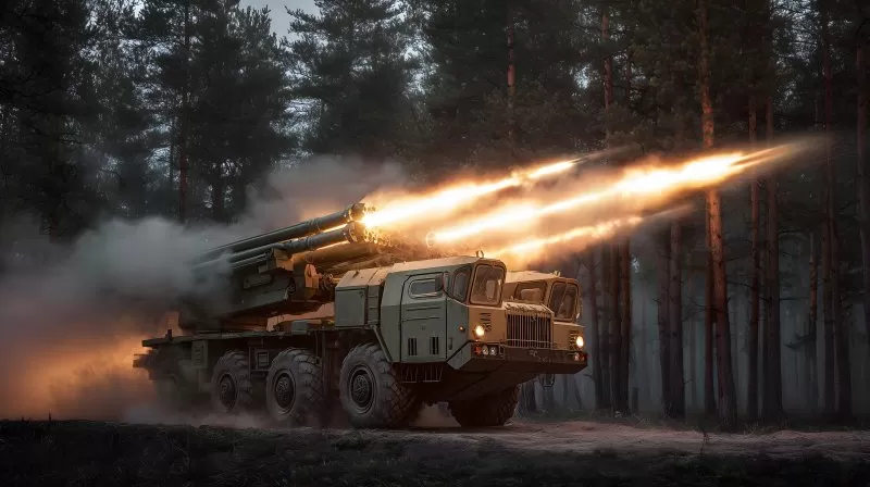 Militärischer Raketenwerfer schießt im Wald