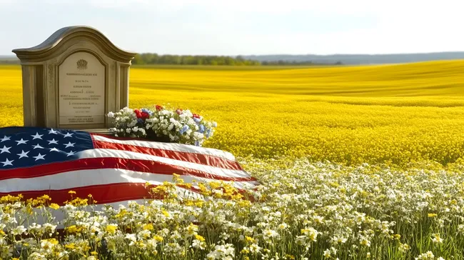 Militärisches Grabmal auf blühendem Rapsfeld mit Amerikanischer Flagge