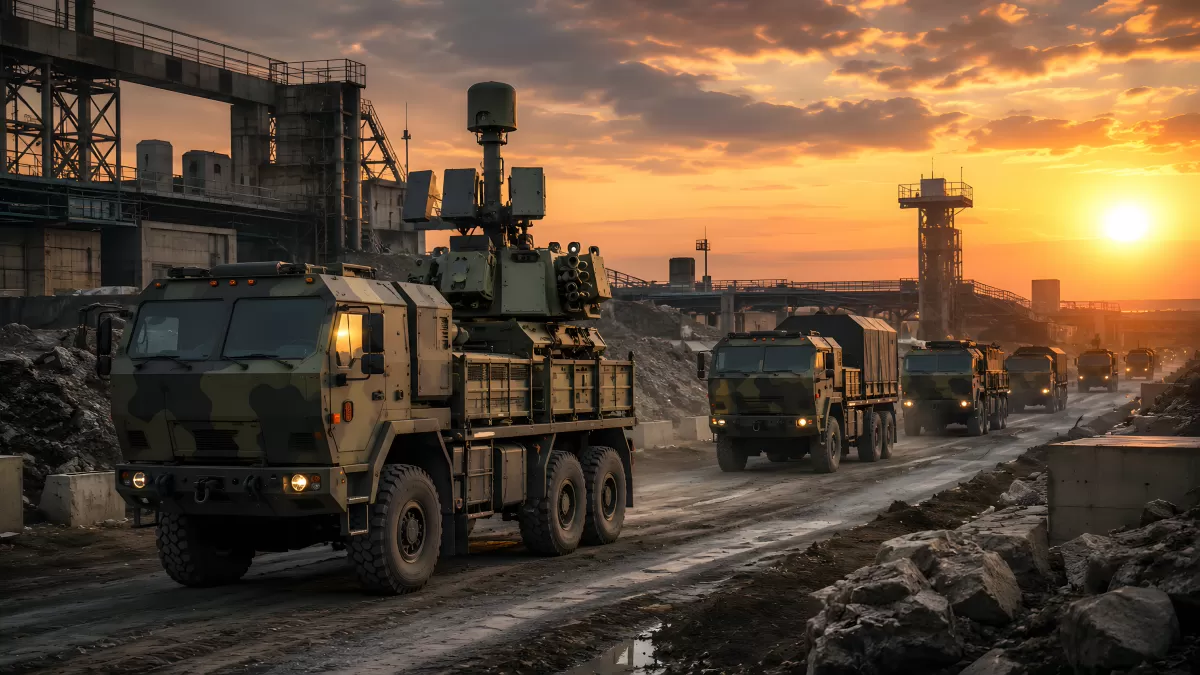Militärkonvoi mit Flugabwehrsystem bei Sonnenuntergang
