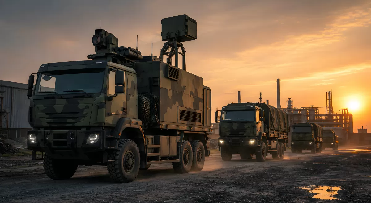 Militärkonvoi mit Radarfahrzeug bei Sonnenuntergang
