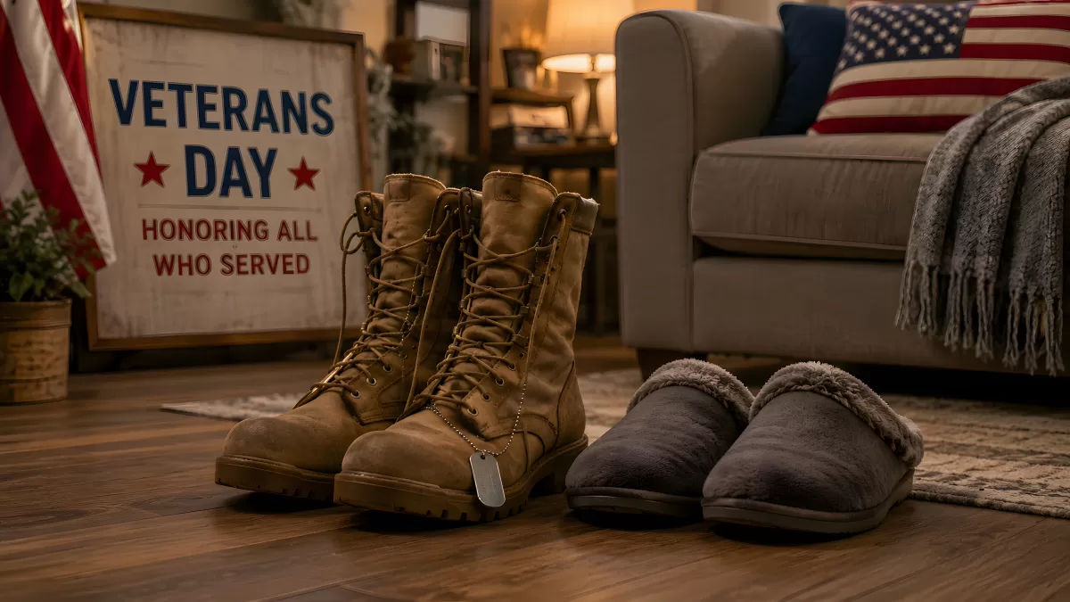 Militärstiefel und Hausschuhe zum Veteranentag