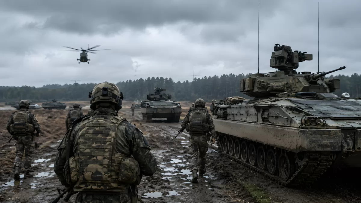 Militärübung mit Schützenpanzern und Hubschrauber
