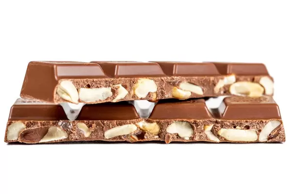 Milk chocolate with cashew nuts on white