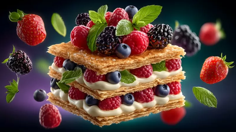 Mille-feuille dessert floating berries layered pastry