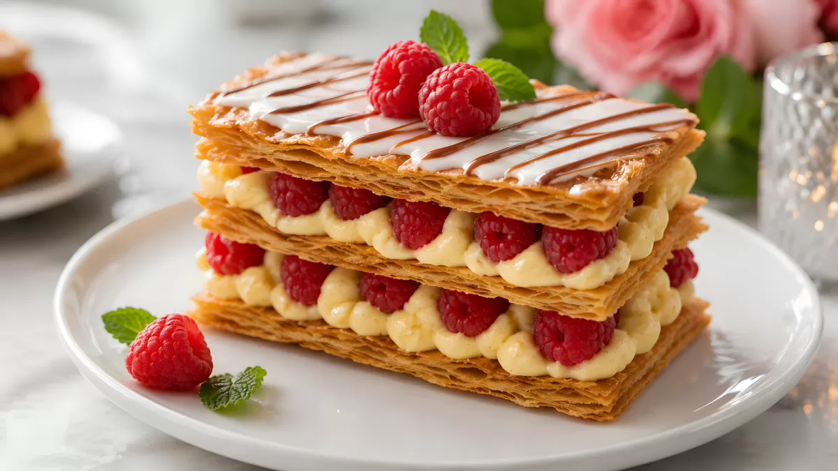 Mille-feuille mit Vanillecreme und Himbeeren