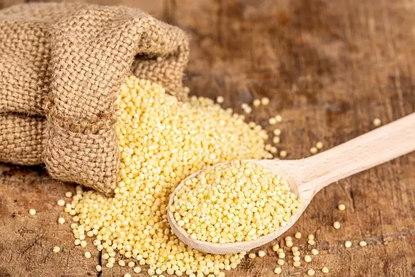 Millet grits poured out of a bag on a wooden background with a wooden spoon