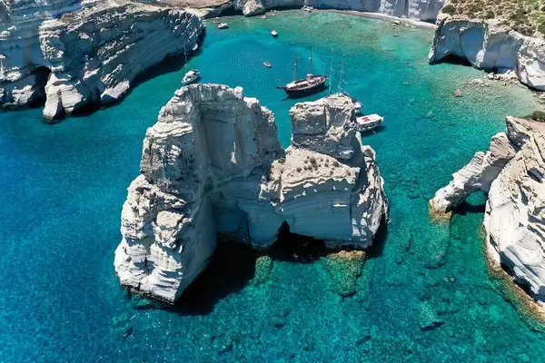 Milos, dream holiday destination in Greece not yet spoilt by overtourism. Drone pic of Kleftiko bay