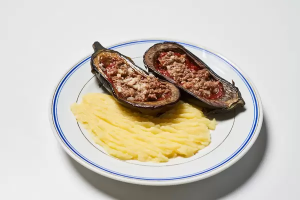 Minced meat in eggplant and mashed potatoes
