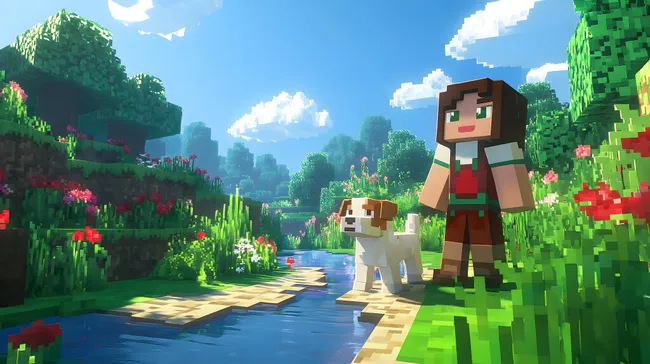 Minecraft-Charakter mit Hund in grüner Landschaft am Fluss