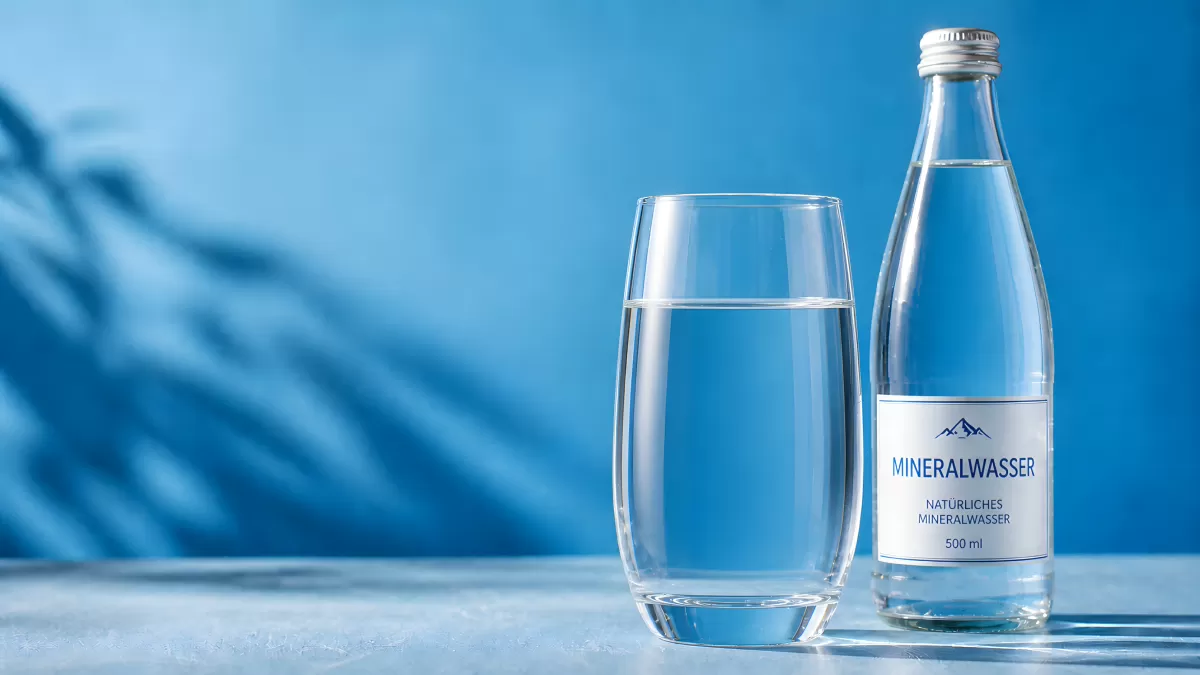 Mineralwasser in Glasflasche und Trinkglas auf blauem Hintergrund