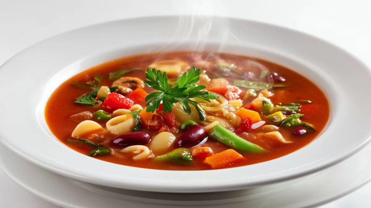 Minestrone klassisch – dampfend heiß im weißen Teller