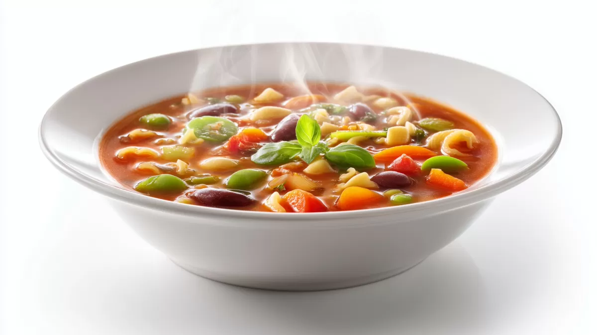 Minestrone klassisch – dampfende Gemüsesuppe im Teller
