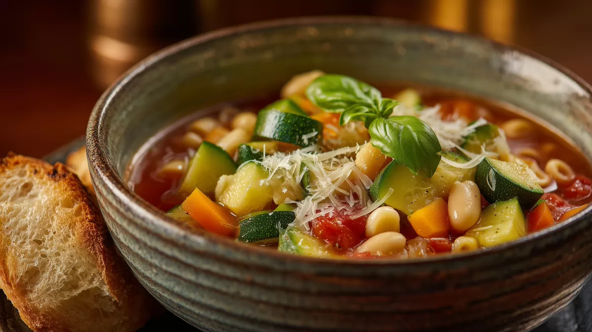 Minestrone mit Zucchini, Bohnen und Basilikum