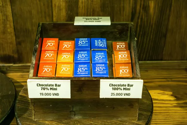 Mini Dark Chocolate Bars with different Levels of Cacao for Sale at a Cafe in Dalat, Vietnam