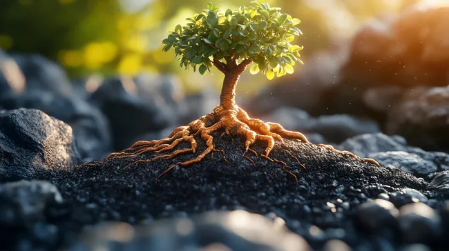 Miniatürbaum mit blühenden Blättern auf dunkler Erde