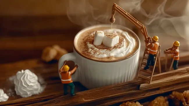 Miniatur-Arbeiter bereiten dampfenden Kakao mit Marshmallows zu
