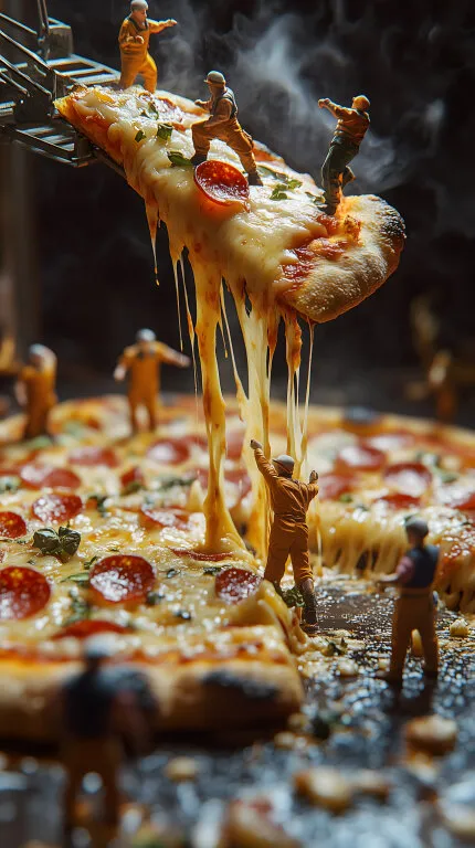 Miniatur-Arbeiter heben dampfende Pizza in surrealer Szene