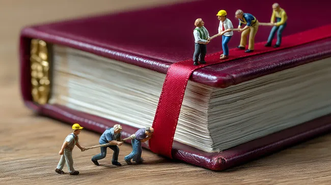 Miniatur-Arbeiter ziehen Buch mit rotem Lesezeichen