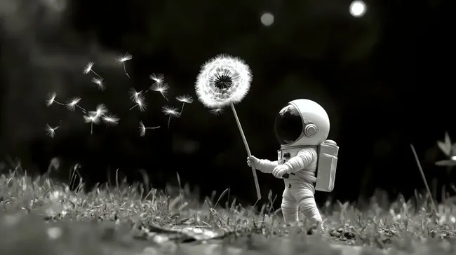 Miniatur-Astronaut mit Pusteblume auf Wiese in Schwarz-Weiß