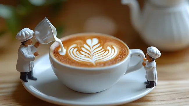Miniatur-Baristas verzieren Kaffeetasse mit Latte-Art
