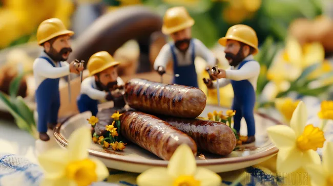 Miniatur-Bauarbeiter grillen Würste im Frühlingsumfeld