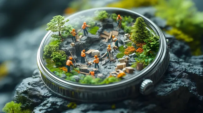 Miniatur-Baustelle in Vintage-Uhr mit detaillierter Naturlandschaft