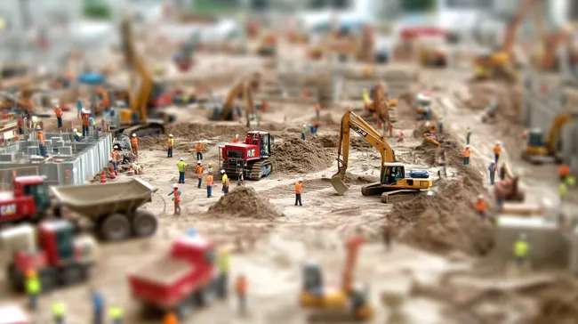 Miniatur-Baustelle mit Baggern und Bauarbeitern