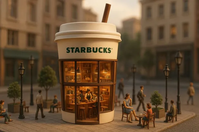Miniatur-Café im Starbucks-Becher mit Menschen in Stadtumgebung