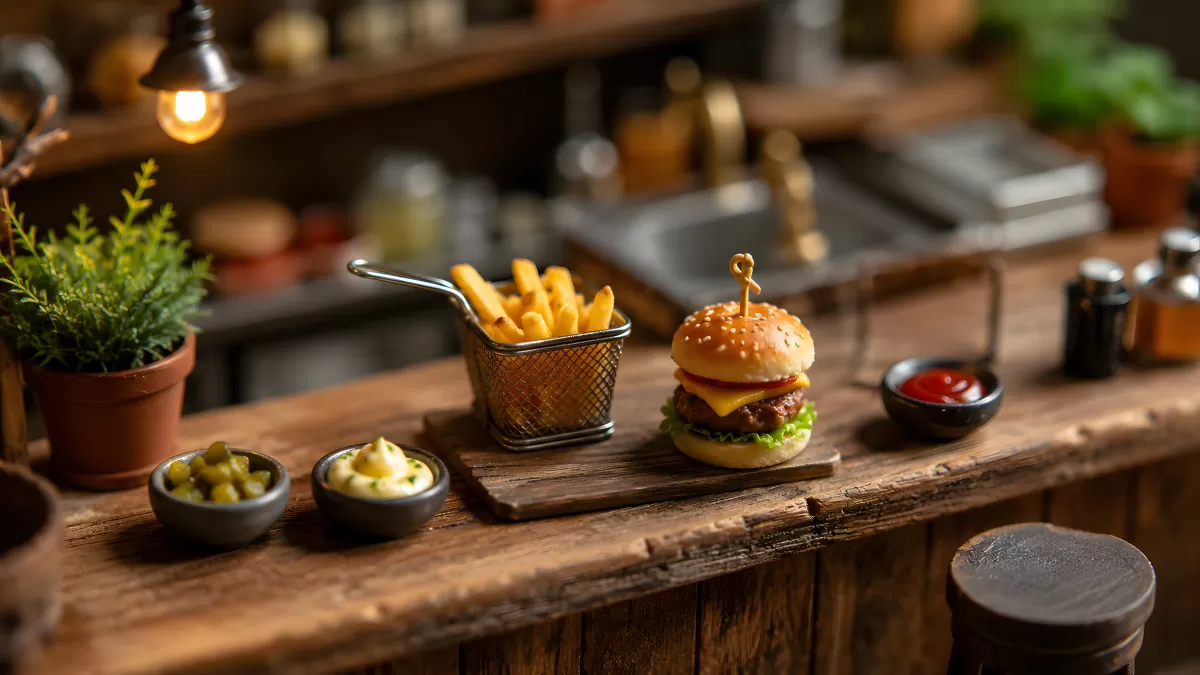 Miniatur-Cheeseburger mit Pommes auf rustikalem Holz