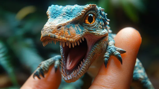 Miniatur-Dinosaurier brüllt auf Finger