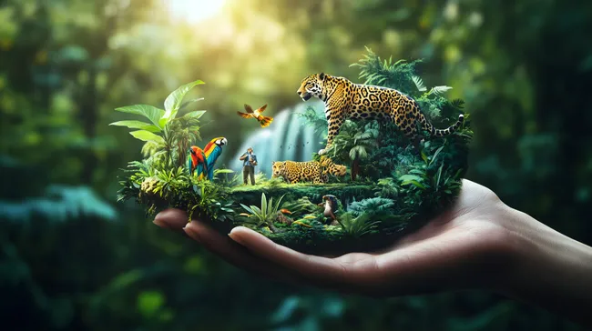 Miniatur-Dschungel mit Jaguar und Papageien