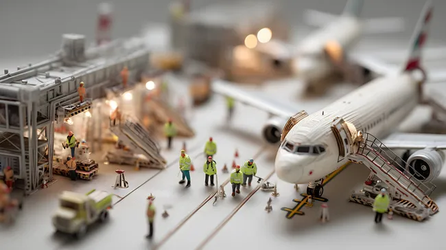 Miniatur-Flughafen mit Arbeitskräften und Flugzeug