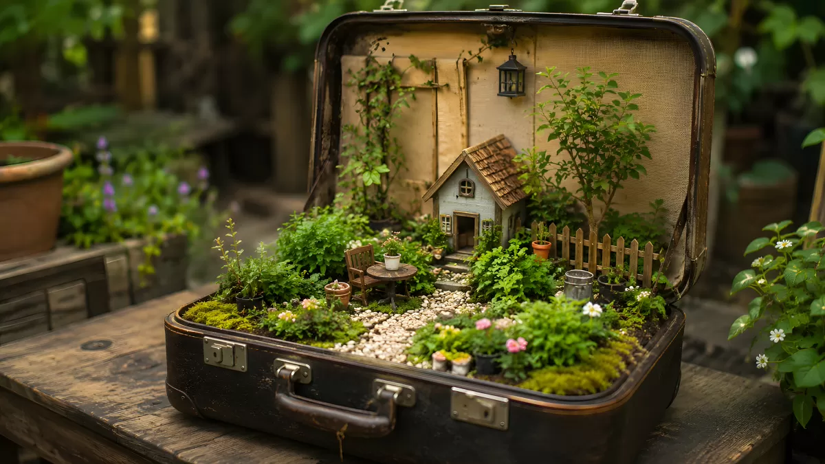 Miniatur-Garten in altem Koffer mit kleinem Haus
