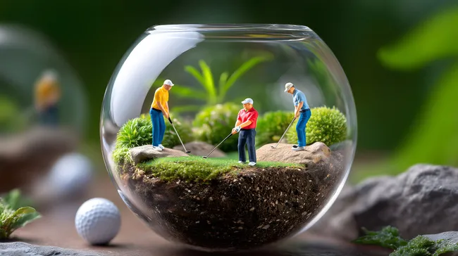 Miniatur-Golfer spielen Golf in Glasterrarium