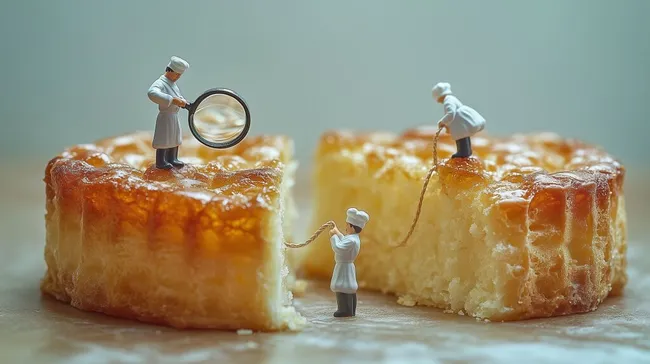 Miniatur-Köche auf riesigen Kuchen bei der Arbeit