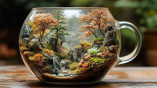 Miniatur-Landschaft in Glastasse - Idyllische Szenerie mit Bäumen und Succulenten