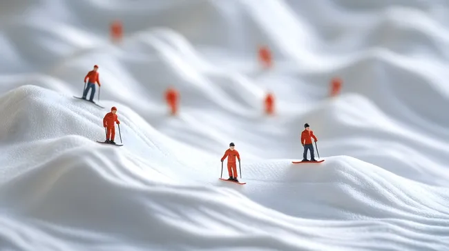 Miniatur-Skifahrer auf schneebedeckter Piste