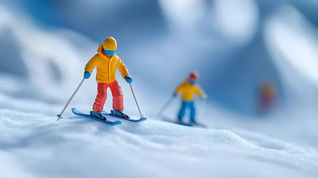 Miniatur-Skifahrer auf verschneiter Piste