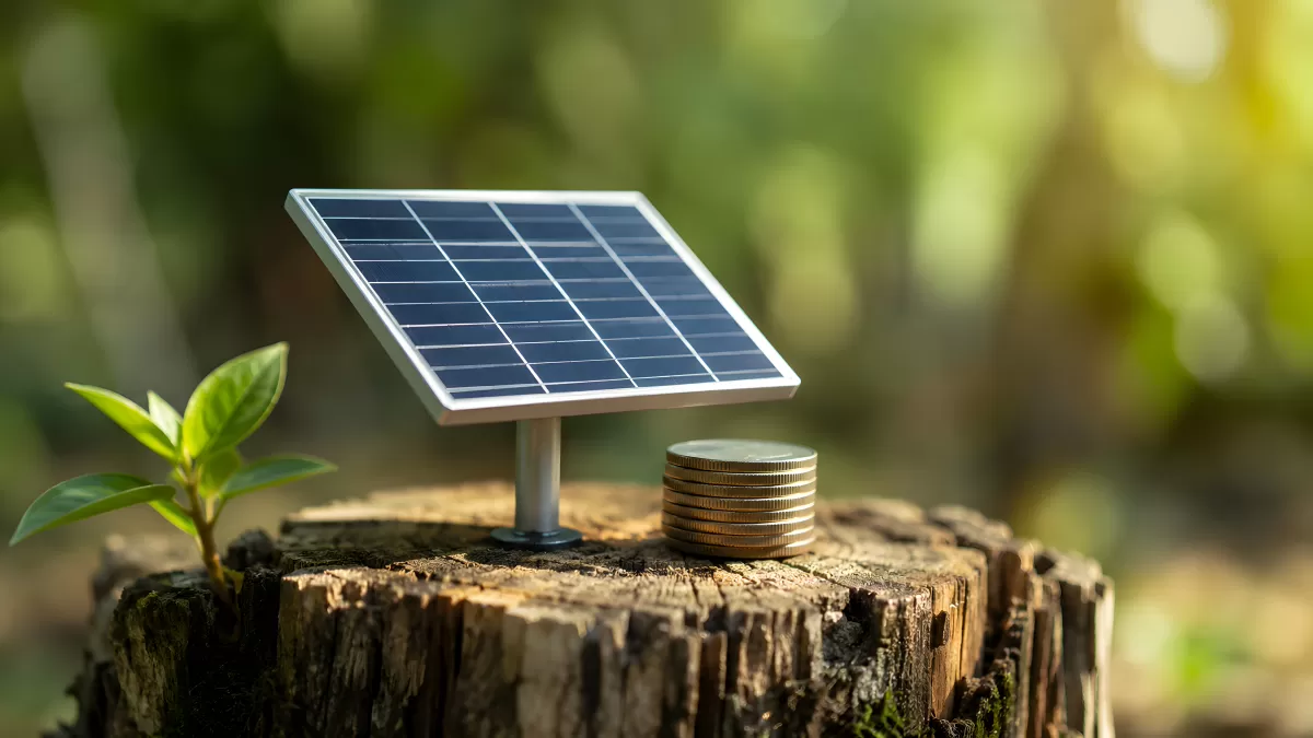 Miniatur-Solarmodul mit Münzen auf Baumstumpf
