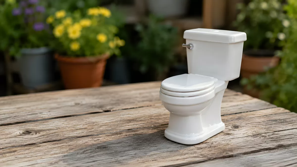 Miniatur-Toilette aus Keramik auf Holztisch im Garten